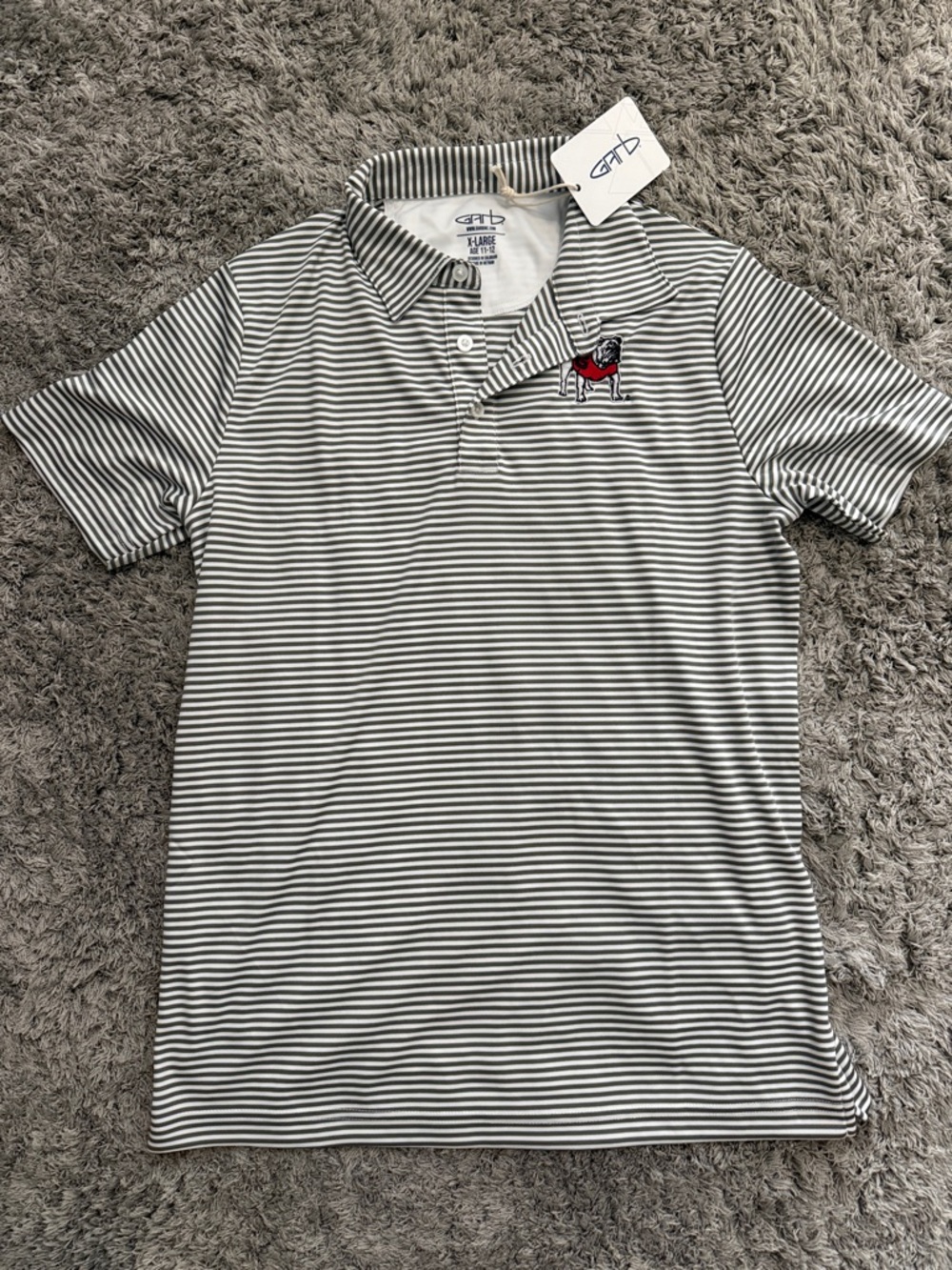 Men's Striped Polo with Embroidered Bulldog - White & Gray